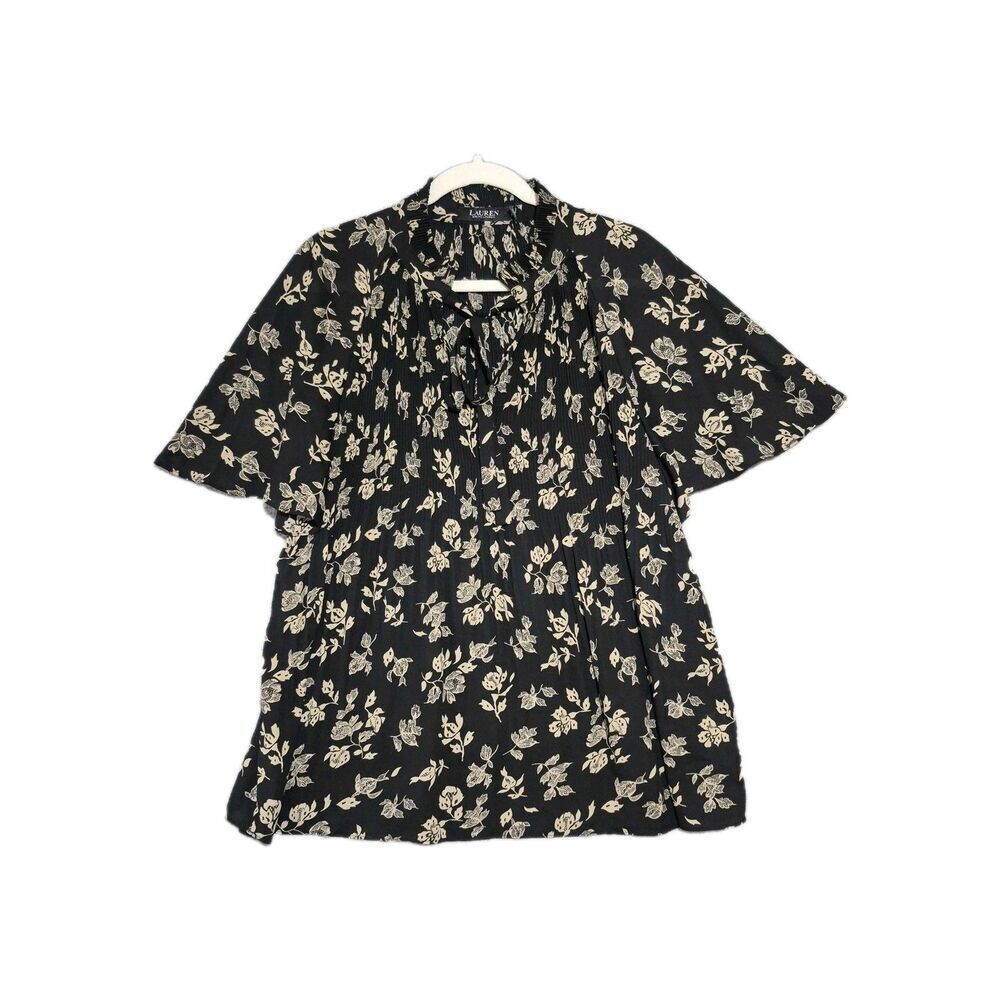 Lauren Ralph Lauren Women's Neck Tie Bell Sleeve Floral Georgette Blouse 2X